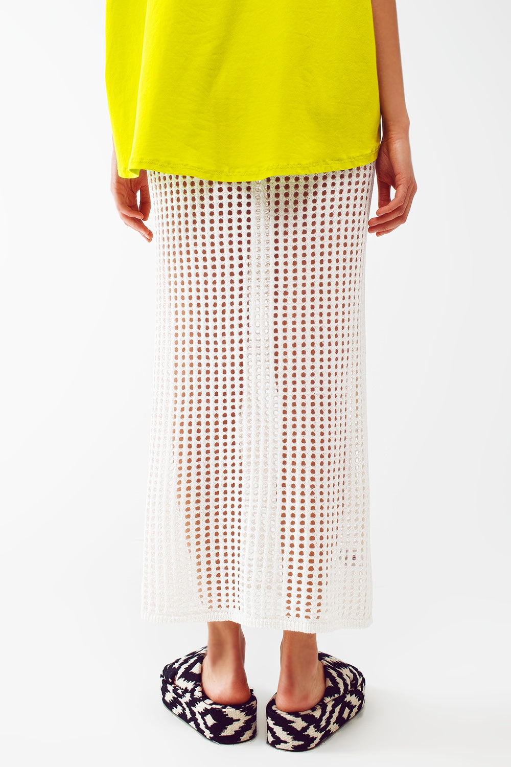 Falda larga de crochet transparente en blanco Q2