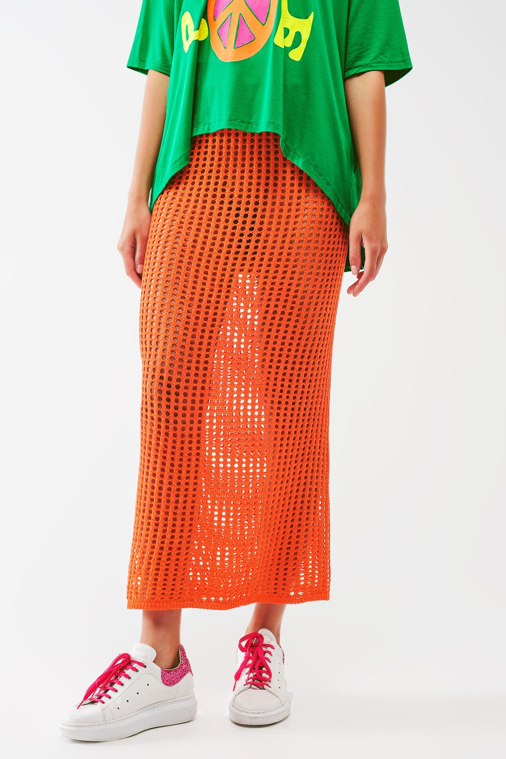 Falda larga de crochet transparente en naranja Q2
