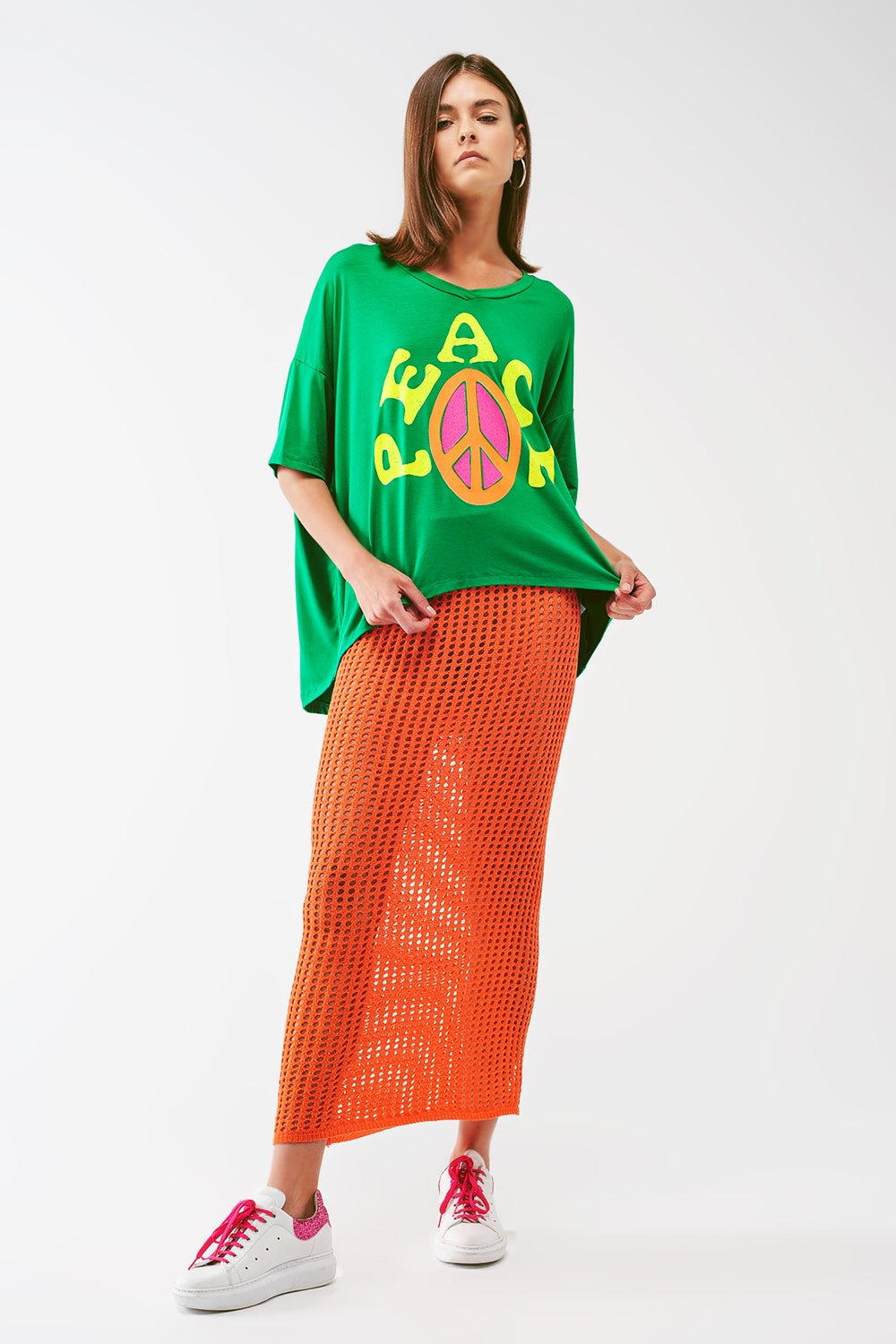 Falda larga de crochet transparente en naranja Q2