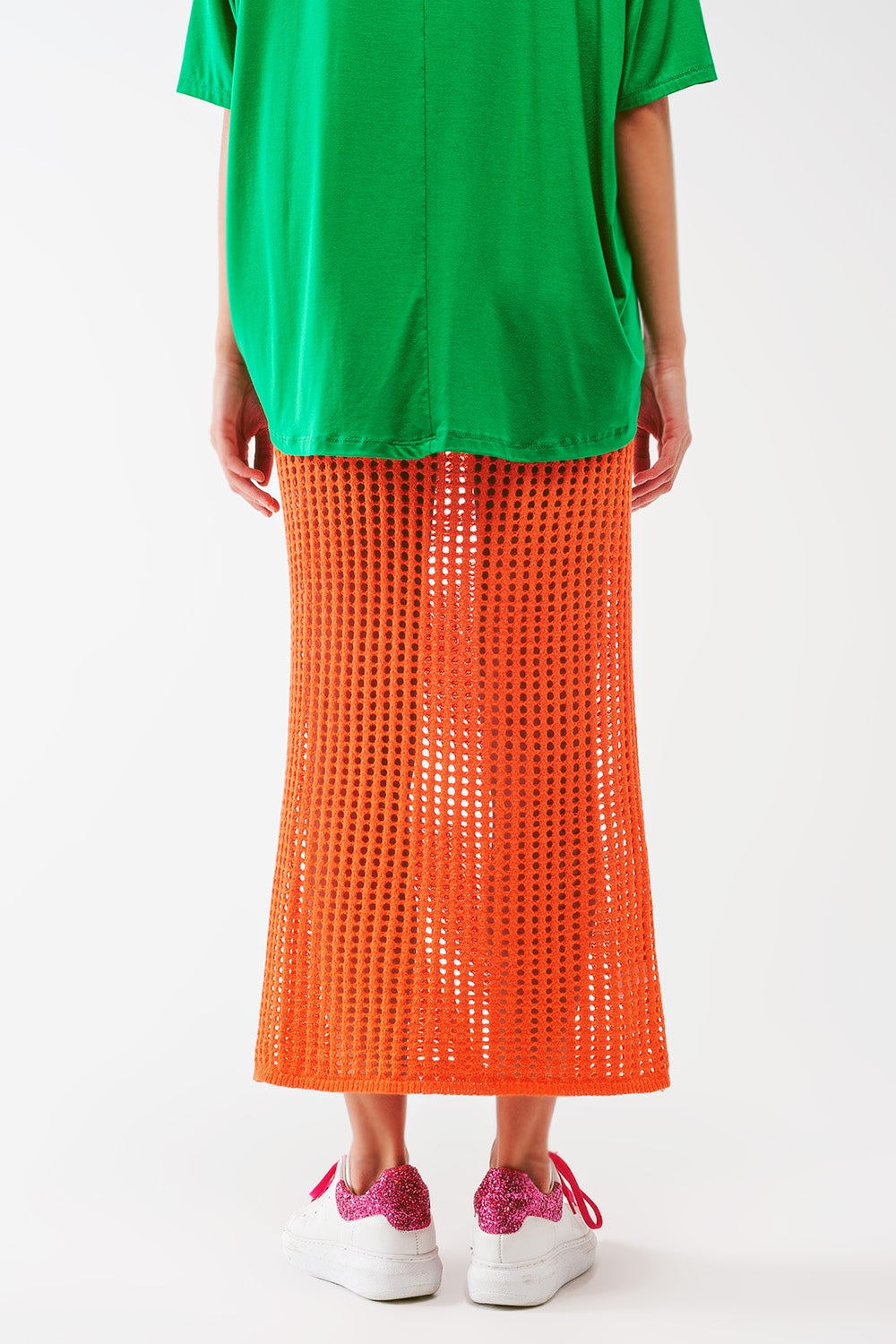 Falda larga de crochet transparente en naranja Q2