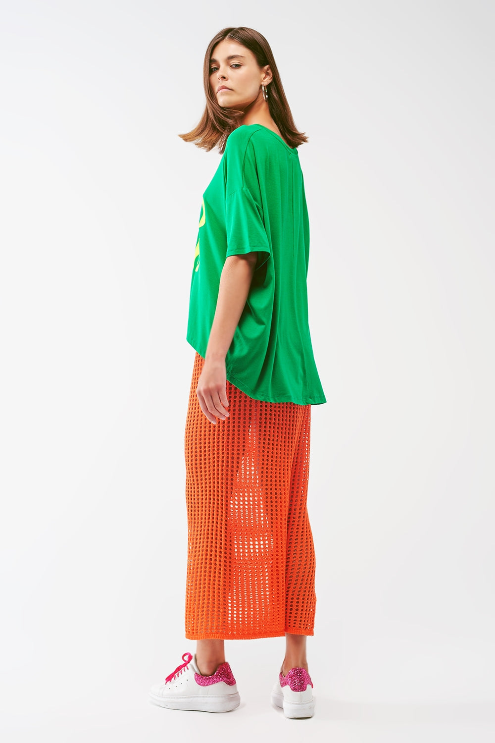 Falda larga de crochet transparente en naranja Q2
