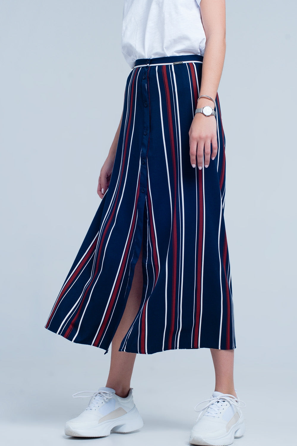 Falda midi azul marino a rayas Q2