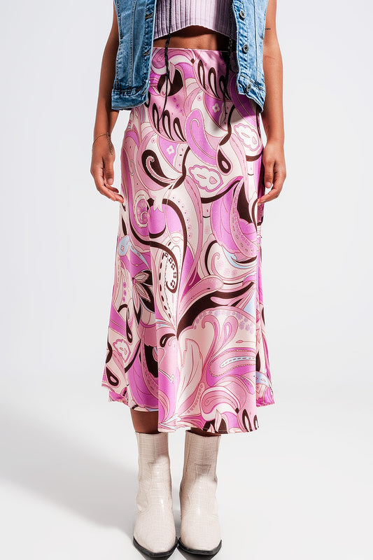 Q2 Falda midi con estampado abstracto rosa
