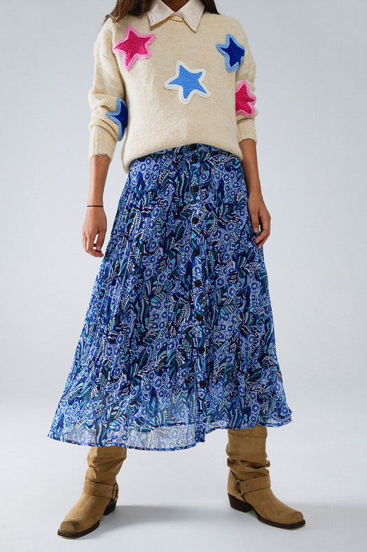 Falda midi plisada con estampado abstracto azul y tapeta de botones Q2