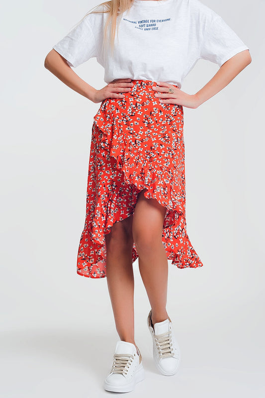 Q2 Falda roja asimétrica y cruzada con estampado