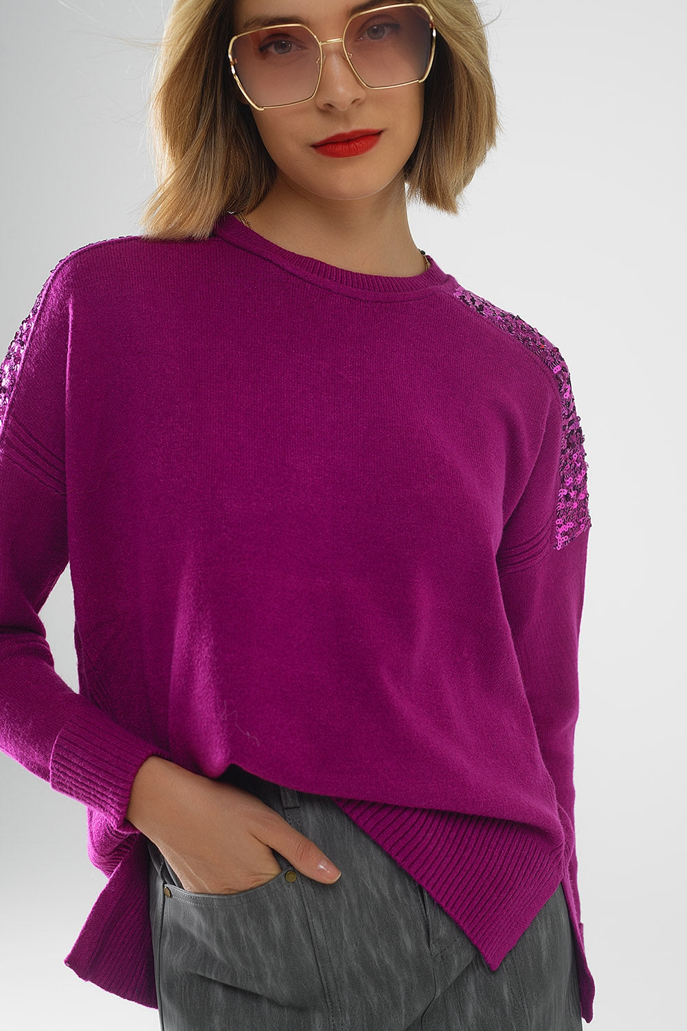 fuchsia Suéter De Mangas Largas Con Lentejuelas En Los Hombros Q2