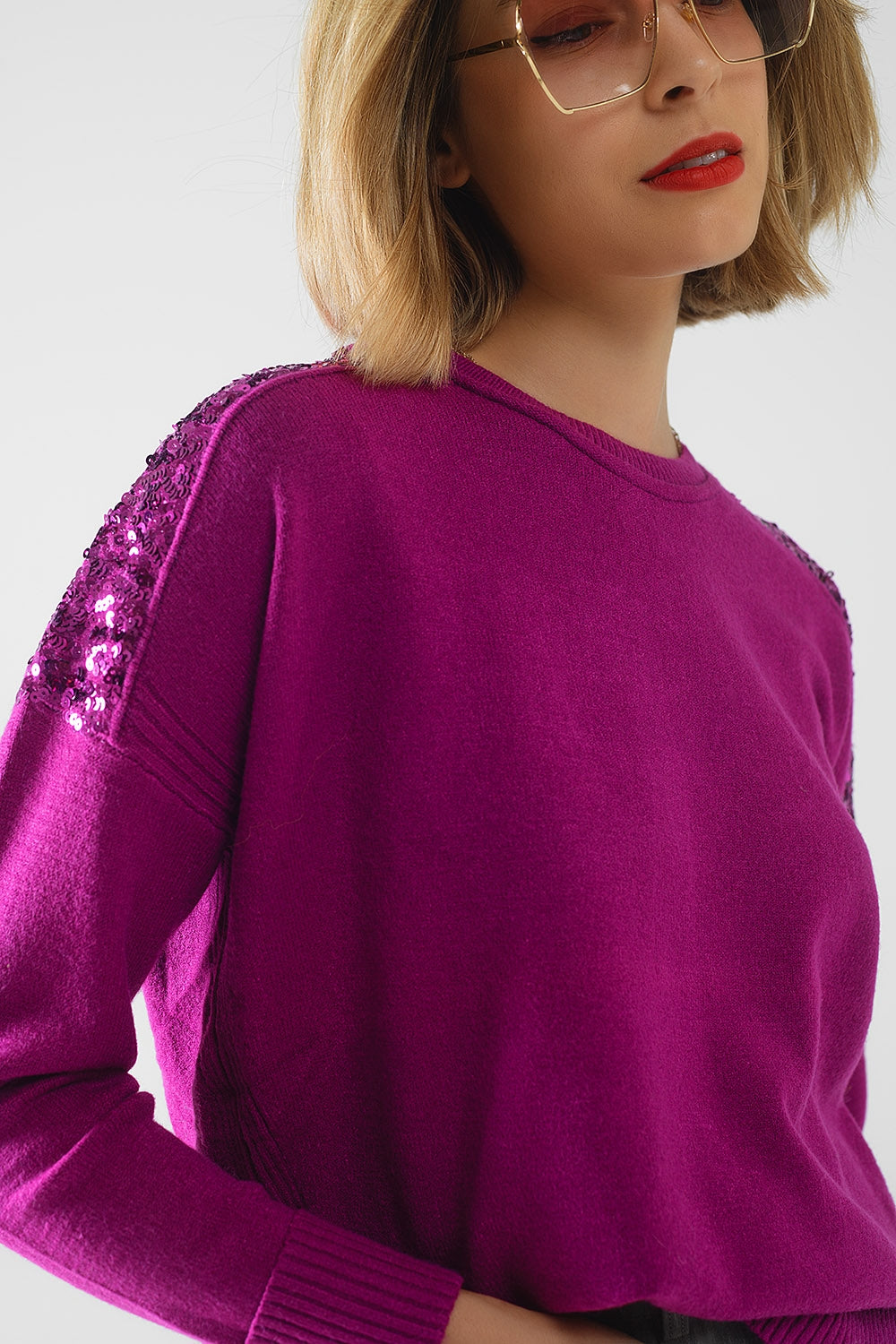 fuchsia Suéter De Mangas Largas Con Lentejuelas En Los Hombros Q2