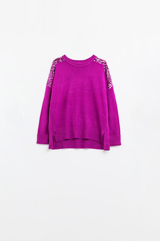 Q2 fuchsia Suéter De Mangas Largas Con Lentejuelas En Los Hombros