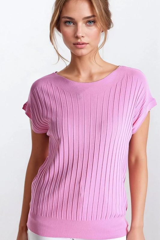 Q2 Fucshia Suéter de punto de canalé fino con cuello barco