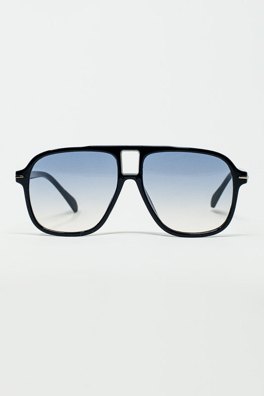 Q2 Gafas de Aviador Ovaladas con Lente Azul Ahumado en Negro