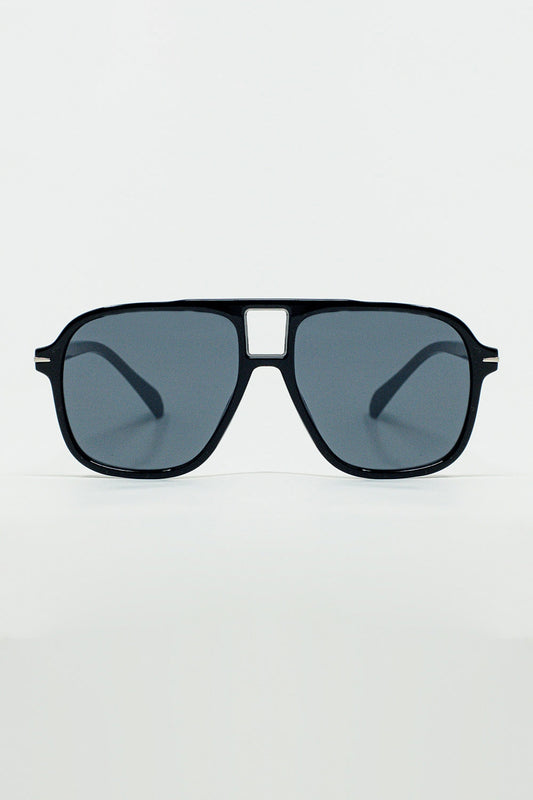 Q2 Gafas de Aviador Ovaladas con Lente Negra Ahumada en Negro