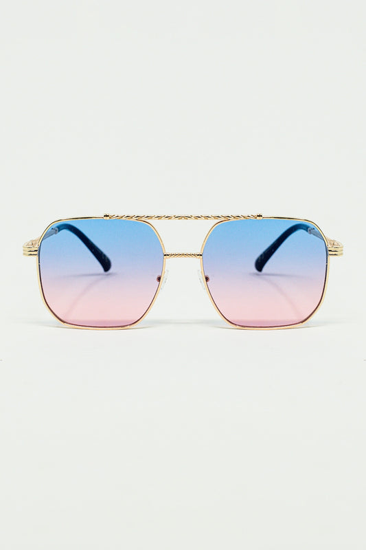 Q2 Gafas de sol con montura cuadrada dorada en azul claro degradado con rosa