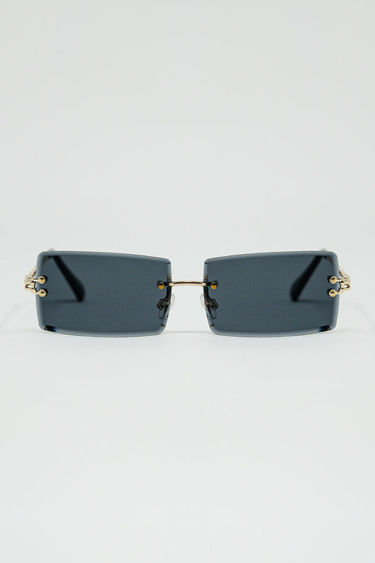 Q2 Gafas de sol cuadradas doradas sin montura con lentes negras