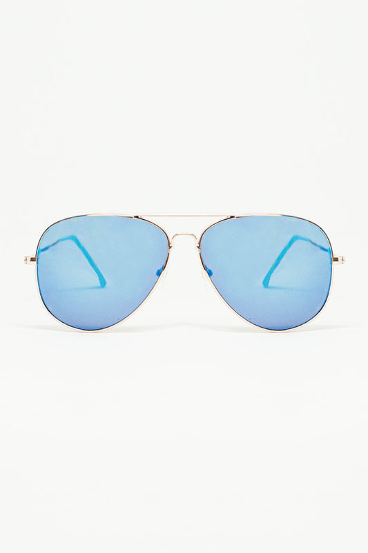 Q2 Gafas de sol de aviador retro con cristales ahumados azules y montura dorada