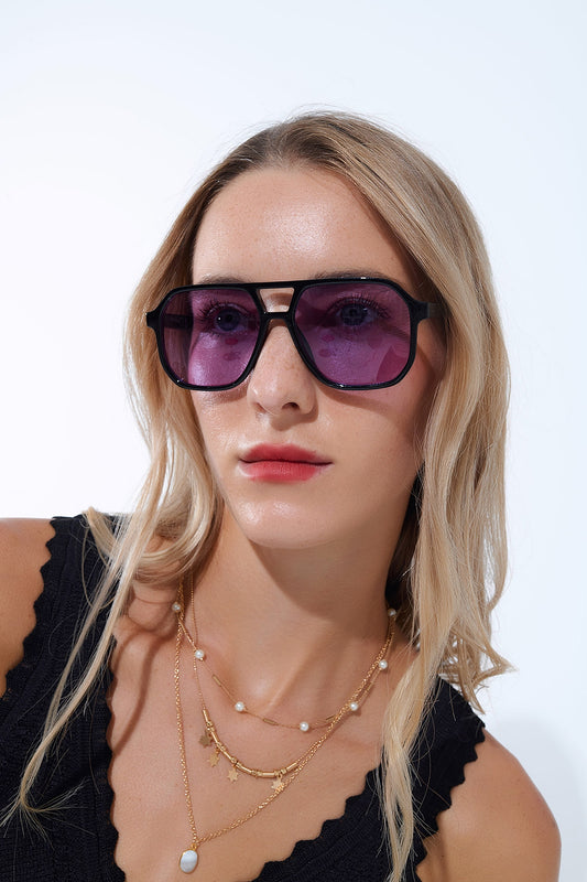 Q2 Gafas de sol de estilo retro con montura negra y cristales morados