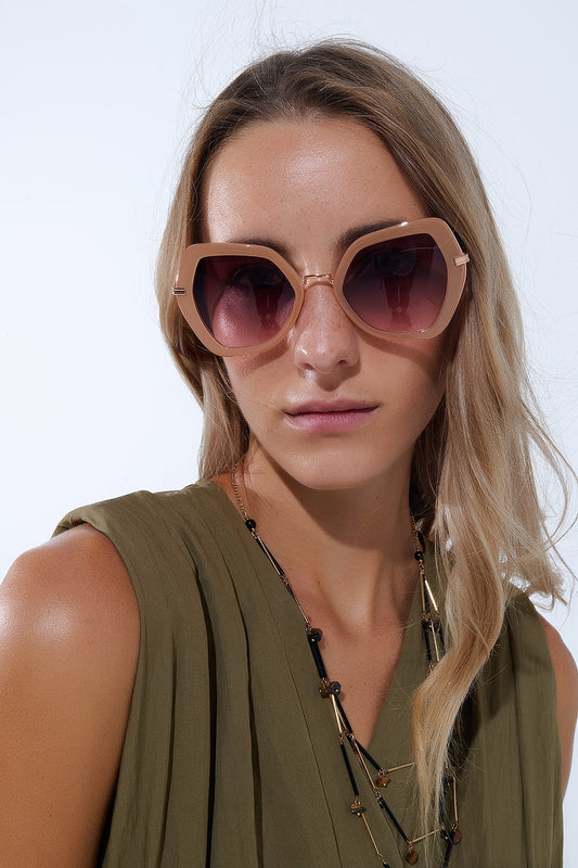 Q2 Gafas de sol extragrandes hexagonales ojo de gato en beige