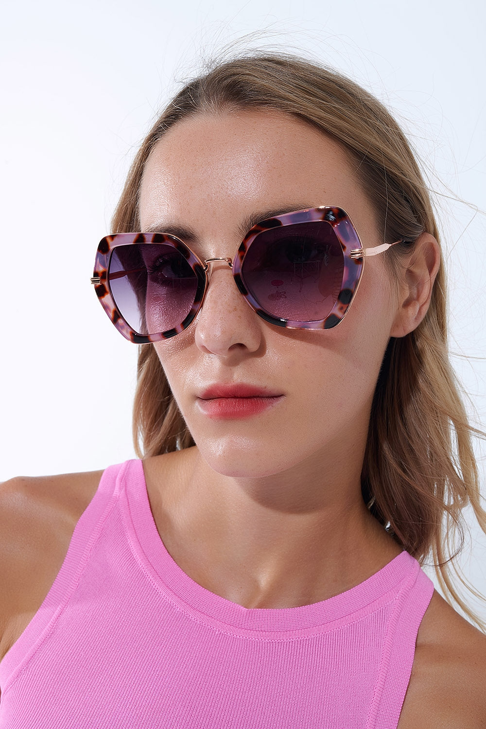 Q2 Gafas de sol extragrandes hexagonales ojo de gato en carey morado