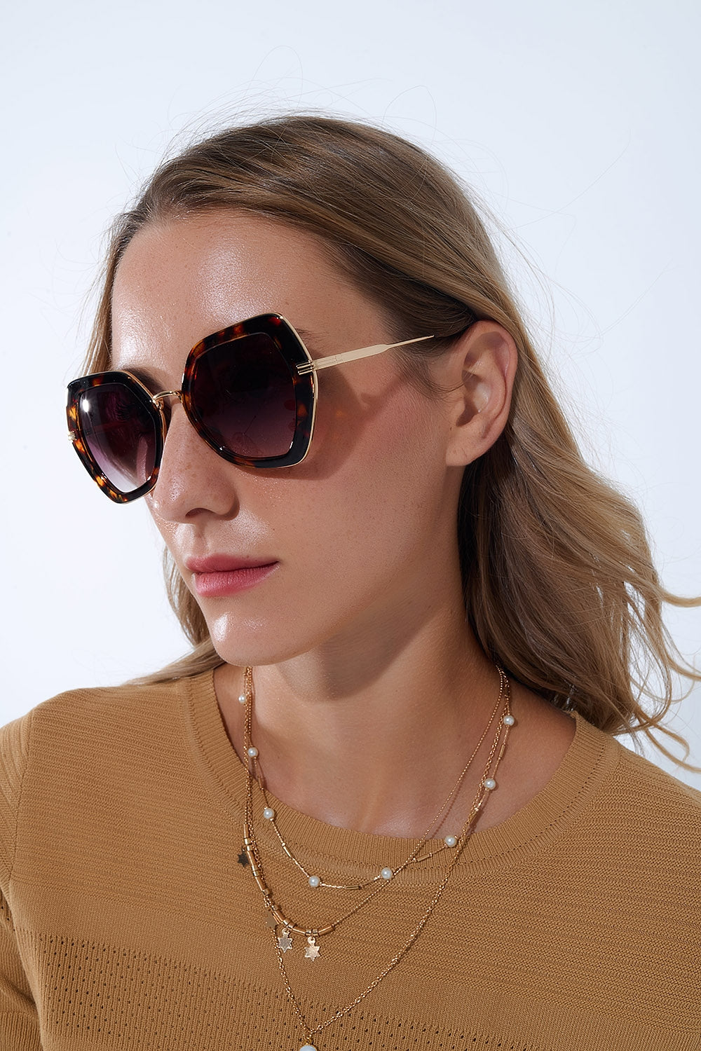 Q2 Gafas de sol extragrandes hexagonales ojo de gato en carey