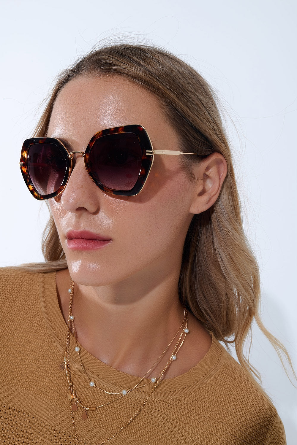 Gafas de sol extragrandes hexagonales ojo de gato en carey Q2