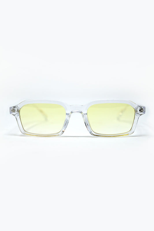 Q2 Gafas de sol rectangulares con montura transparente de acetato grueso y cristales ahumados amarillos