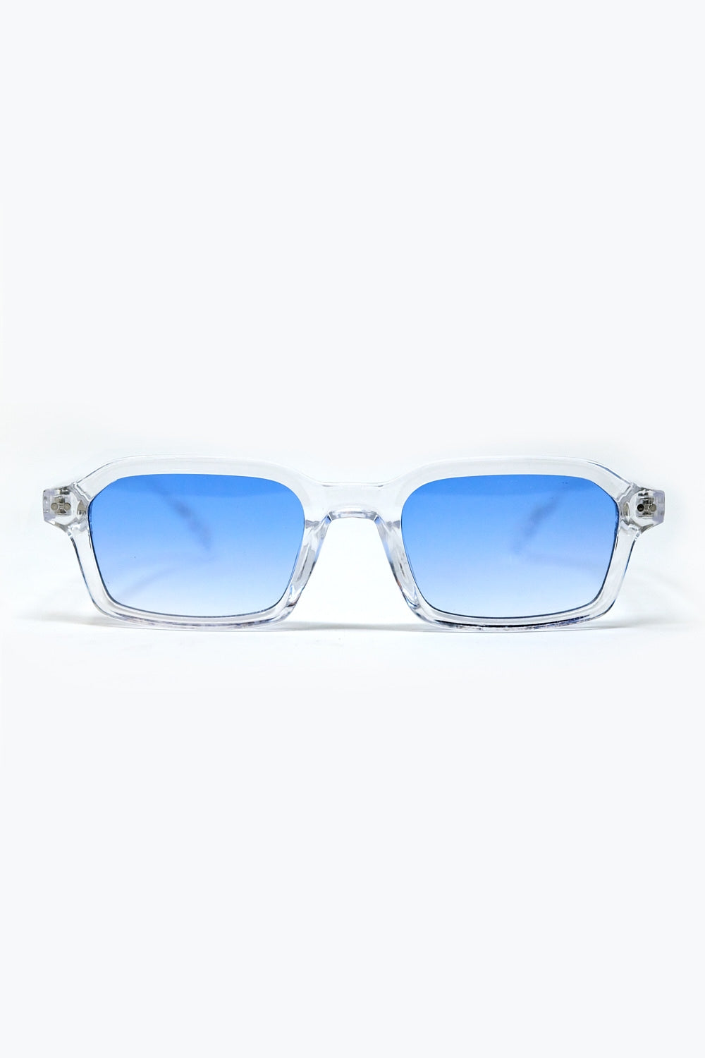 Q2 Gafas de sol rectangulares con montura transparente de acetato grueso y cristales ahumados azules