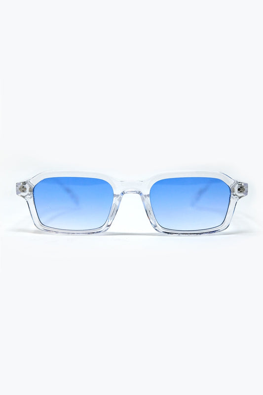 Q2 Gafas de sol rectangulares con montura transparente de acetato grueso y cristales ahumados azules