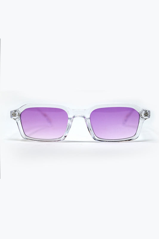 Q2 Gafas de sol rectangulares con montura transparente de acetato grueso y cristales ahumados morados