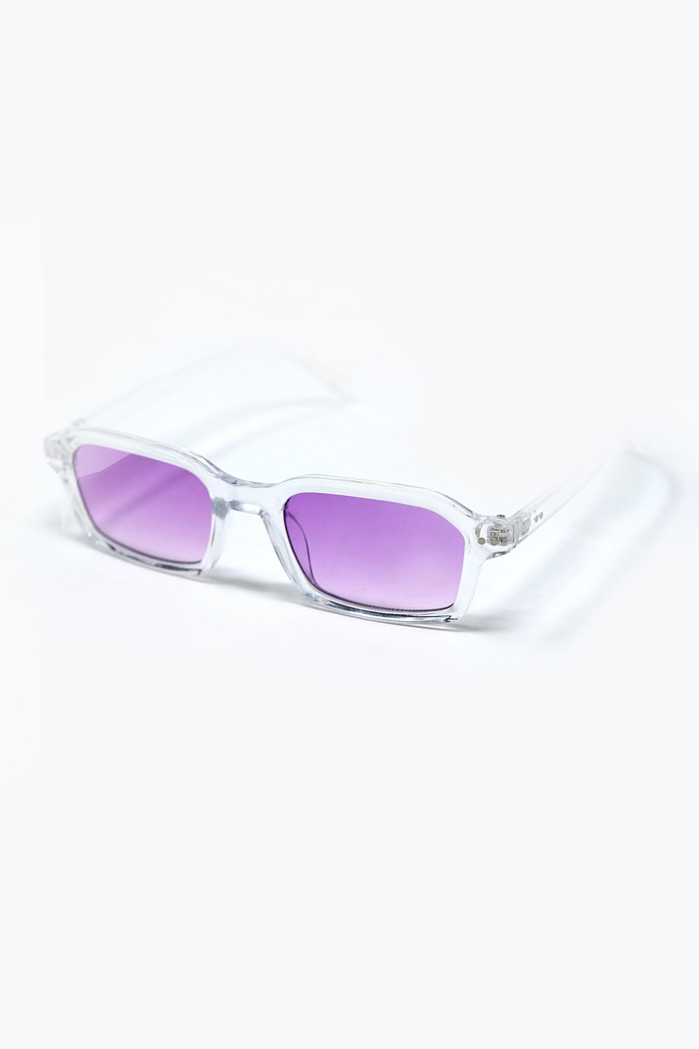 Gafas de sol rectangulares con montura transparente de acetato grueso y cristales ahumados morados Q2