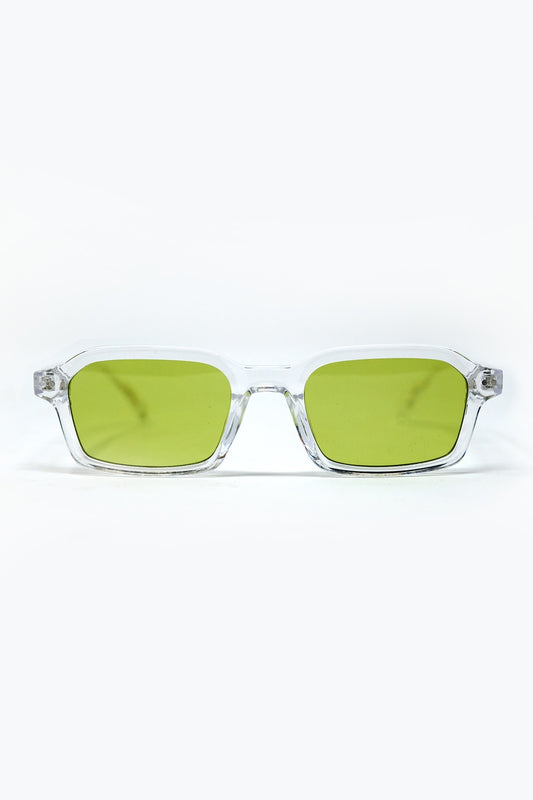 Q2 Gafas de sol rectangulares con montura transparente de acetato grueso y cristales ahumados verdes