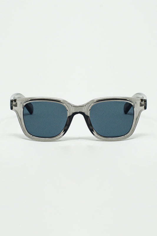 Q2 Gafas de sol retro redondas con lente negra ahumada y montura gris transparente