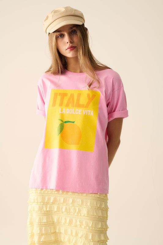 Q2 Italy La Dolce Vita Camiseta rosa bebé con estampado gráfico