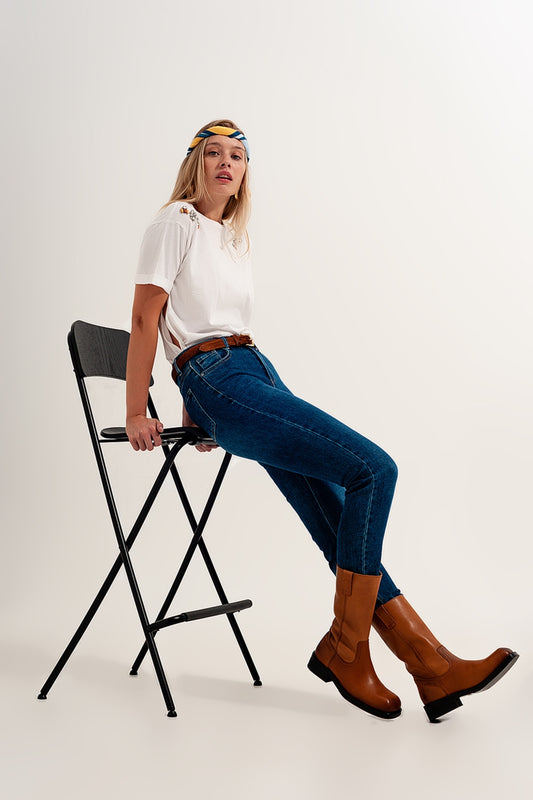 Q2 Jeans ajustados de talle alto en azul oscuro con elástico de alta calidad