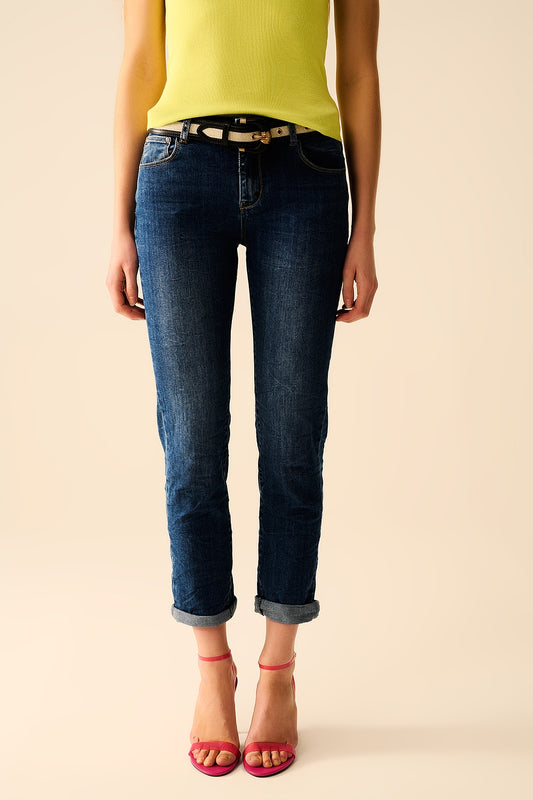 Q2 Jeans Básicos Súper Ajustados de Mezclilla de Lavado Medio y Elásticos