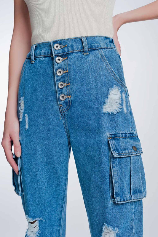 Q2 Jeans boyfriend con bolsillos laterales y rotos