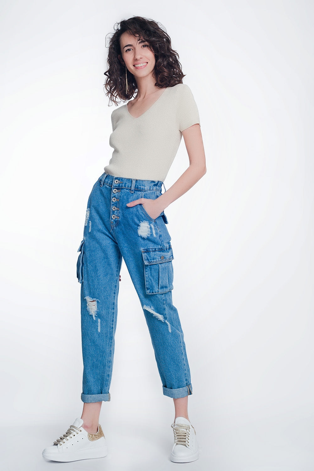 Jeans boyfriend con bolsillos laterales y rotos Q2