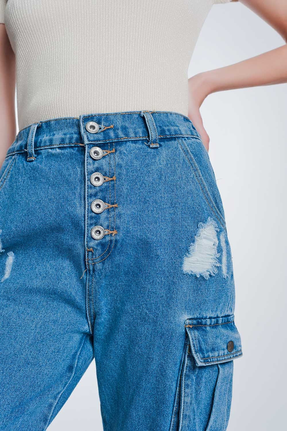 Jeans boyfriend con bolsillos laterales y rotos Q2