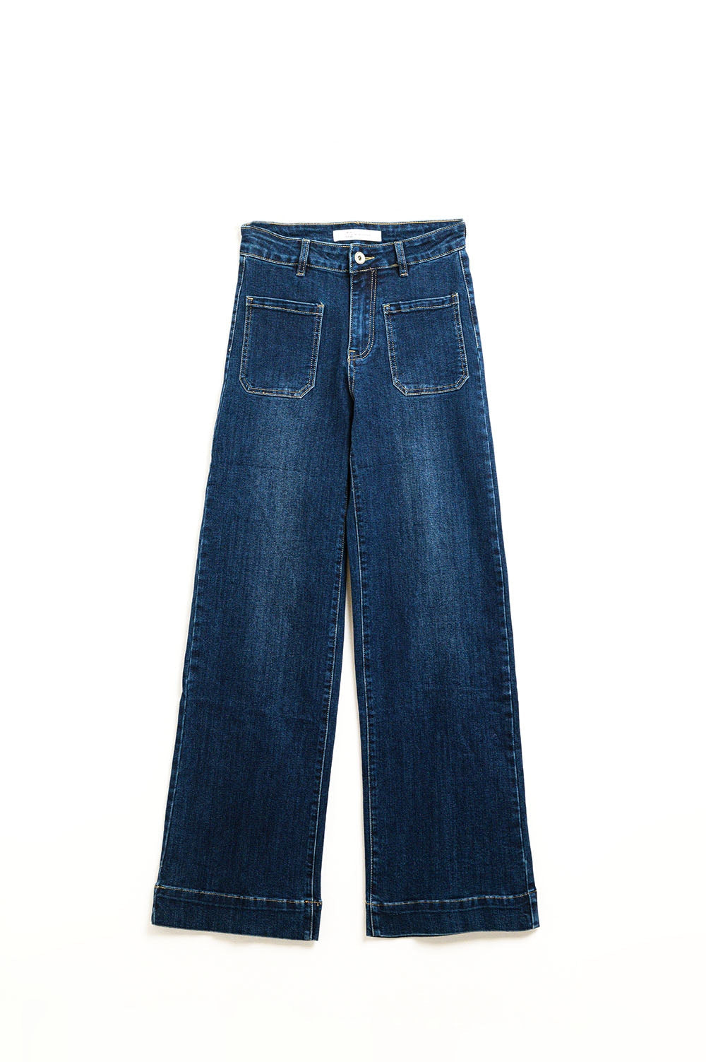 Jeans de lavado oscuro con pierna ancha y bolsillos Q2