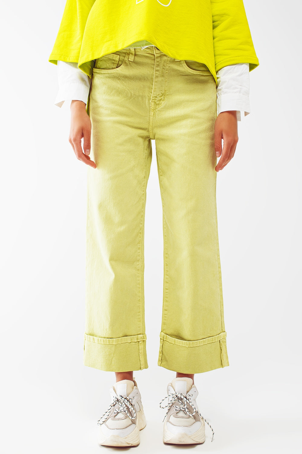 Q2 Jeans de pierna recta con dobladillo corto en verde lima