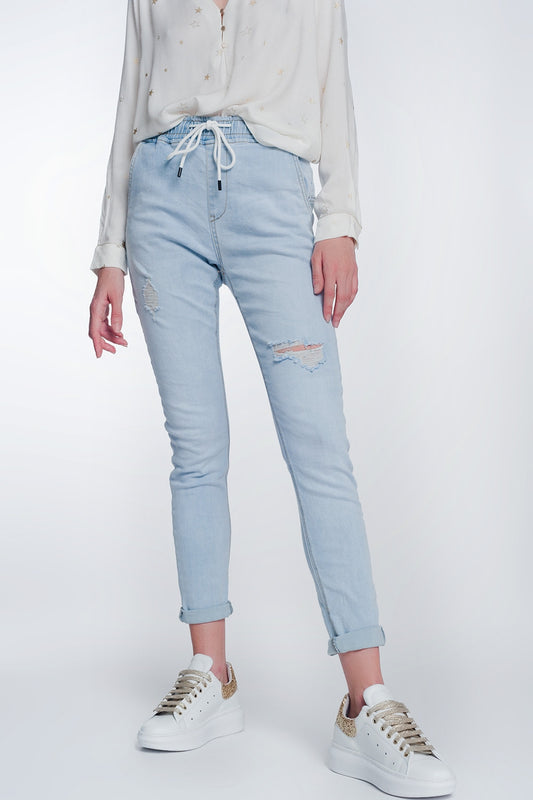 Q2 Jeans estylo jogger lavado claro con cordon