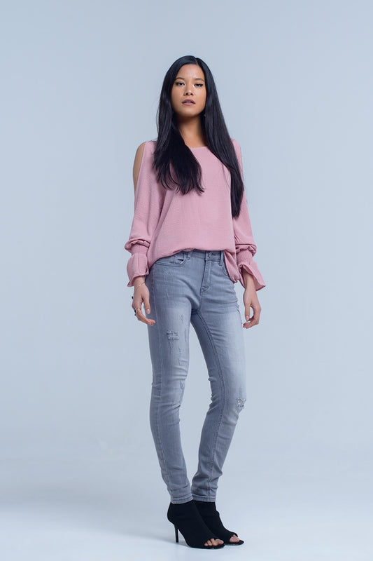 Q2 Jeans grises con detalle de rasgaduras