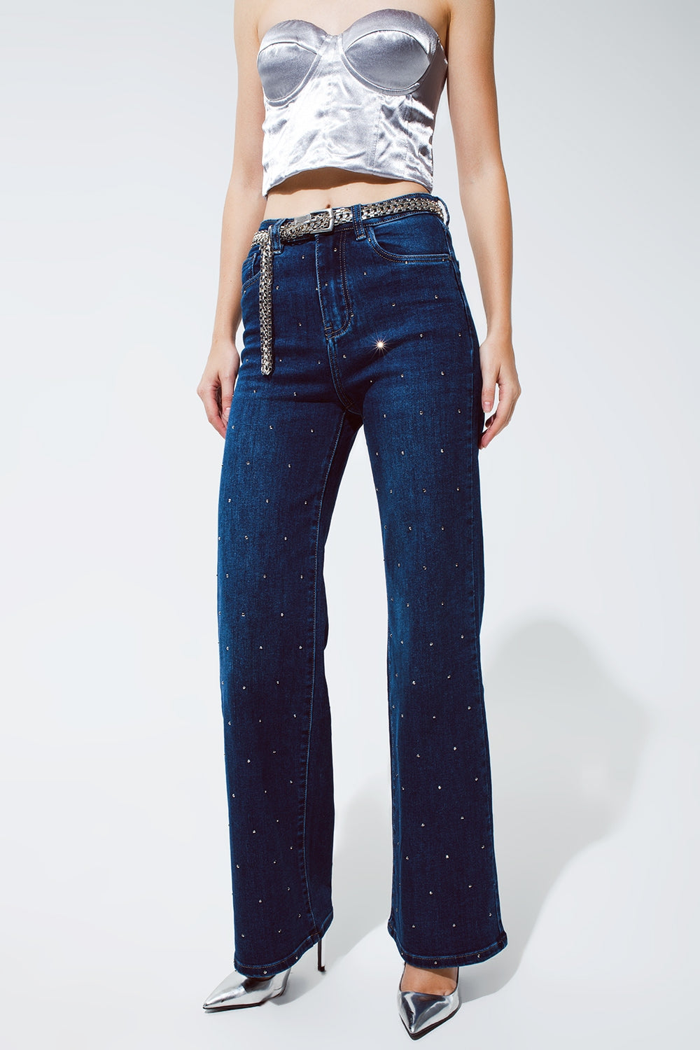 Jeans Pierna Recta con detalle de strass en Azul Q2
