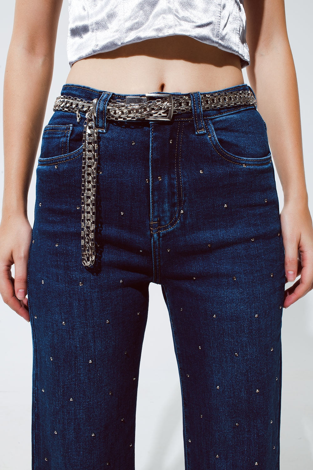 Jeans Pierna Recta con detalle de strass en Azul Q2