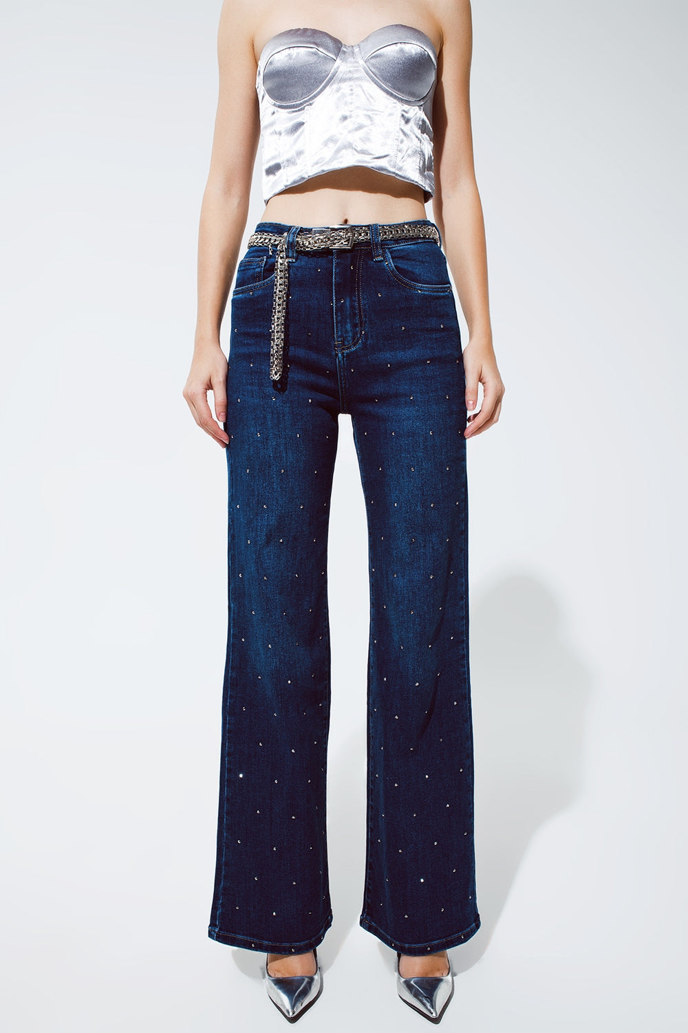 Q2 Jeans Pierna Recta con detalle de strass en Azul