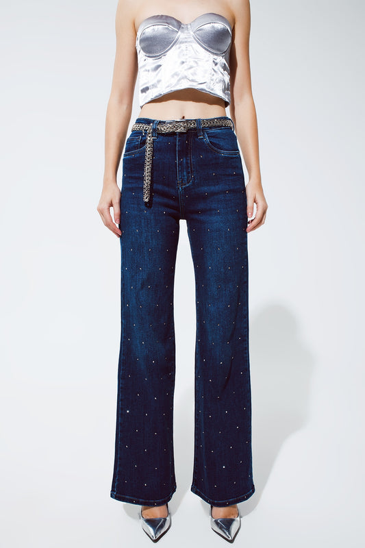 Q2 Jeans Pierna Recta con detalle de strass en Azul