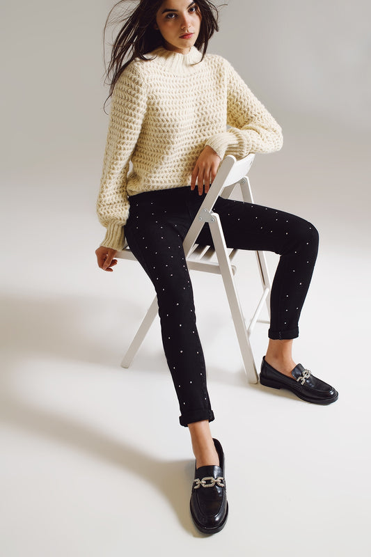 Q2 Jeans skinny con Strass Embellecidos en Negro