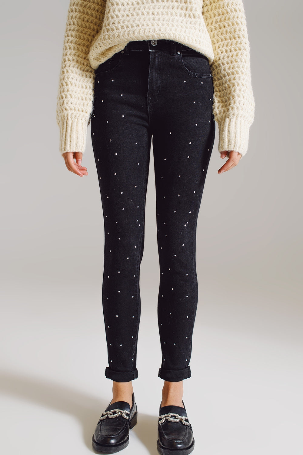 Jeans skinny con Strass Embellecidos en Negro Q2