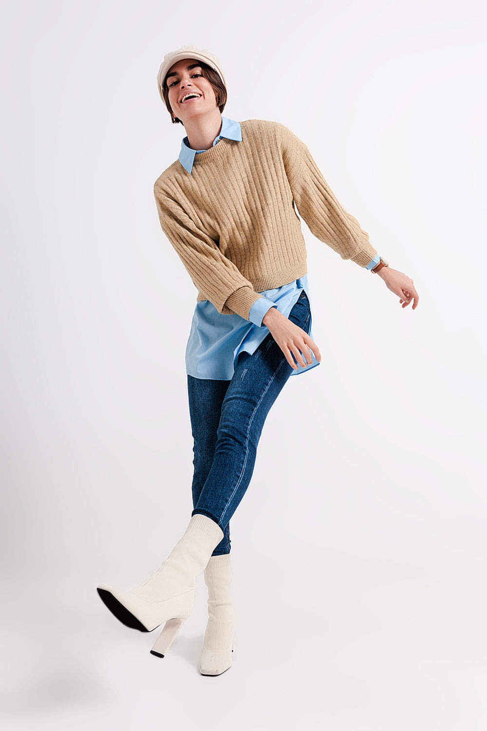 Jersey a rayas de canalé beige Q2