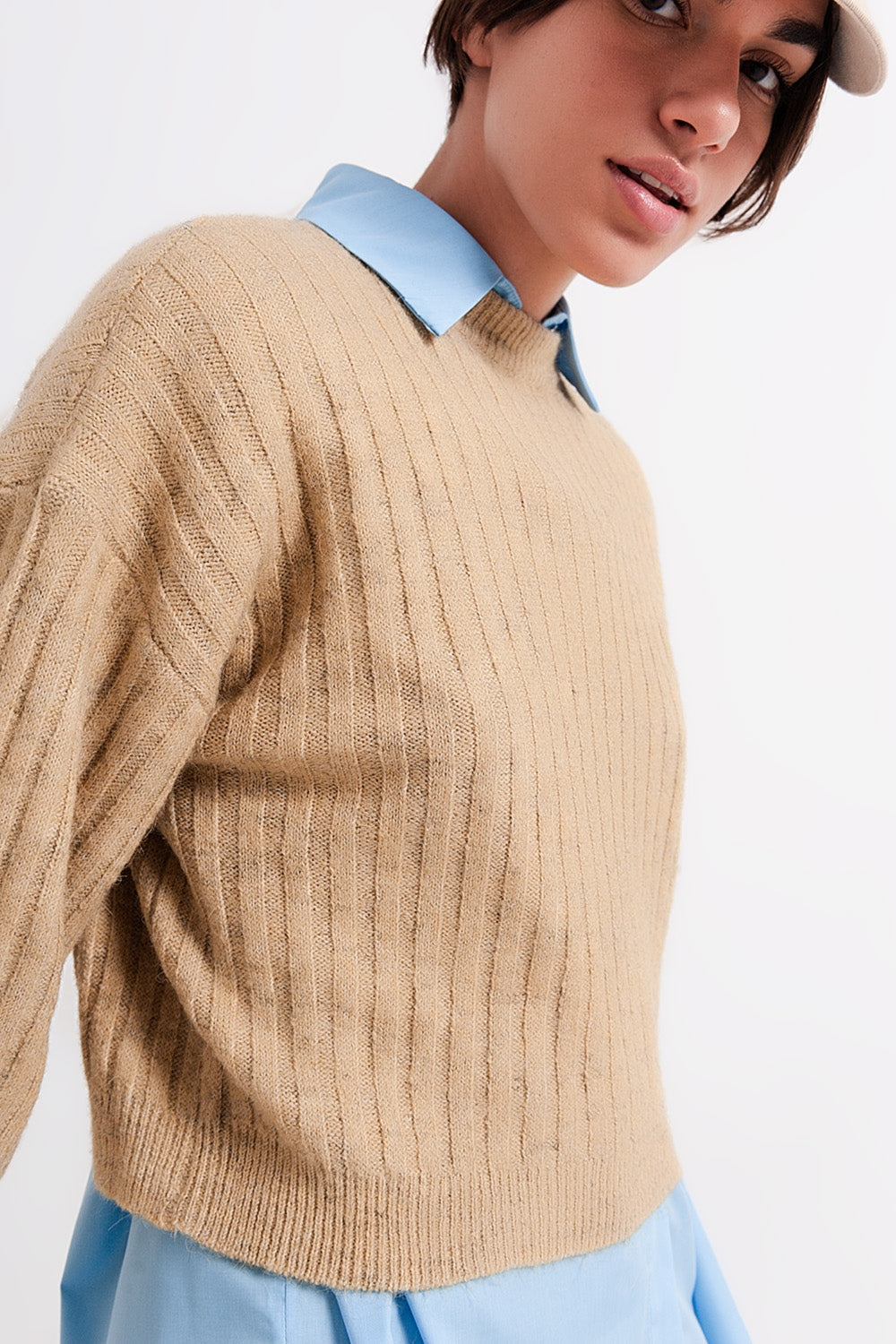 Jersey a rayas de canalé beige Q2