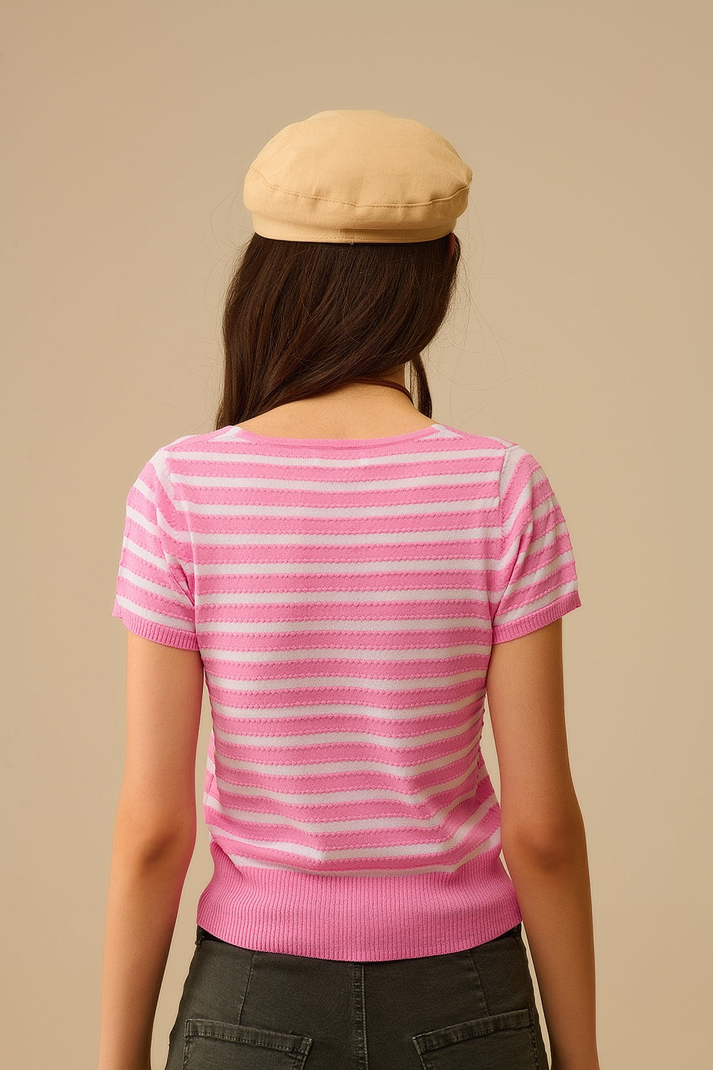 Jersey a rayas de cuello cuadrado en rosa y blanco Q2