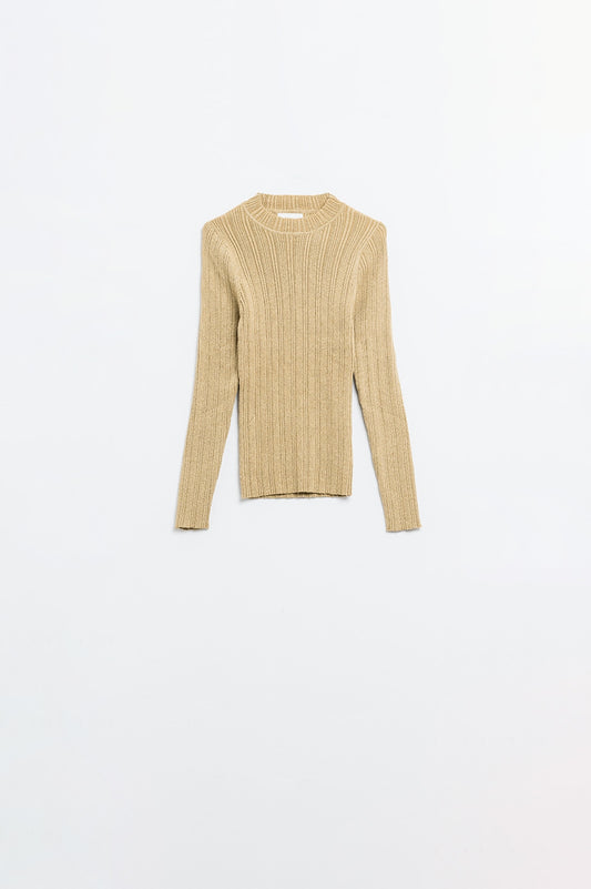 Q2 Jersey ajustado de canalé en color beige con detalle de hilo plateado
